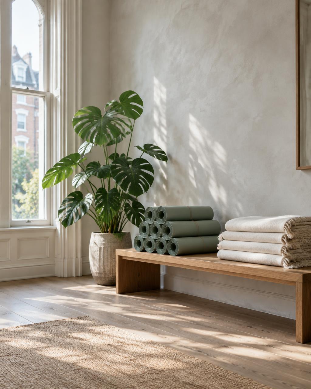 Yoga mats and soft blankets beside a naturally lit studio window
